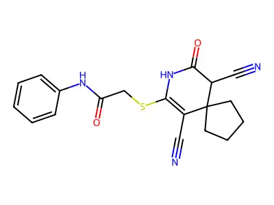 2-[(6,10-dicyano-7-oxo-8-azaspiro[4.5]dec-9-en-9-yl)sulfanyl]-N-phenylacetamide structure