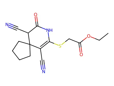 Ethyl [(6,10-dicyano-9-oxo-8-azaspiro[4.5]dec-6-en-7-yl)sulfanyl]acetate structure