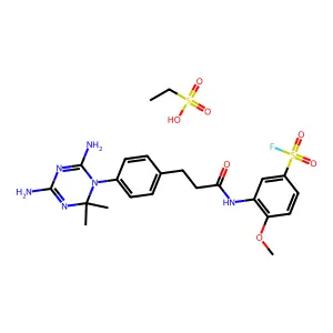 3-[3-[4-(4,6-diamino-2,2-dimethyl-1,3,5-triazin-1-yl)phenyl]propanoylamino]-4-methoxybenzenesulfonyl fluoride; ethanesulfonic acid structure