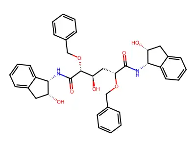 2,5-Dibenzyloxy-3-hydroxy-hexanedioic acid bis-((2-hydroxy-indan-1-yl)-amide) structure