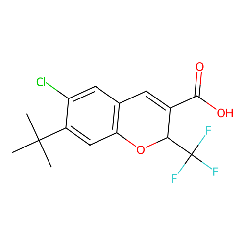 7-tert-butyl-6-chloro-2-(trifluoromethyl)-2H-chromene-3-carboxylic acid structure