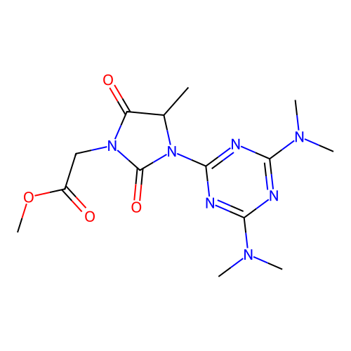 [3-(4,6-Bisdimethylamino-[1,3,5]triazin-2-yl)-4-methyl-2,5-dioxoimidazolidin-1-yl]acetic acid, methyl ester structure