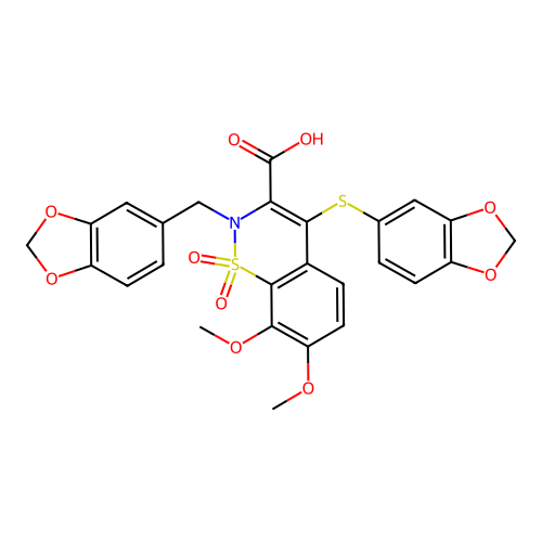 2H-1,2-Benzothiazine-3-carboxylic acid, 2-(1,3-benzodioxol-5-ylmethyl)-4-(1,3-benzodioxol-5-ylthio)-7,8-dimethoxy-, 1,1-dioxide structure
