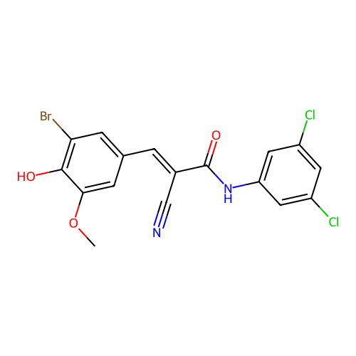 (E)-3-(3-bromo-4-hydroxy-5-methoxyphenyl)-2-cyano-N-(3,5-dichlorophenyl)prop-2-enamide structure