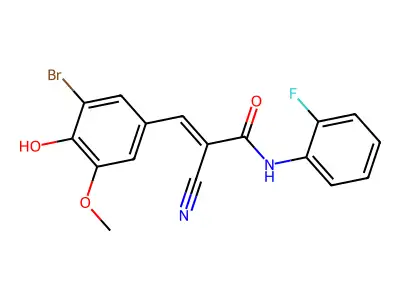 3-(3-bromo-4-hydroxy-5-methoxyphenyl)-2-cyano-N-(2-fluorophenyl)prop-2-enamide structure