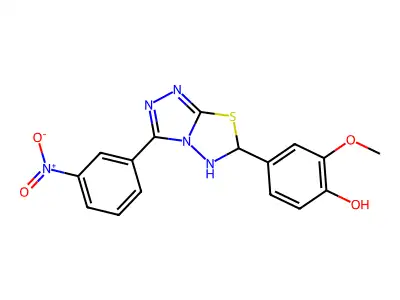 2-methoxy-4-[3-(3-nitrophenyl)-5,6-dihydro-[1,2,4]triazolo[3,4-b][1,3,4]thiadiazol-6-yl]phenol structure