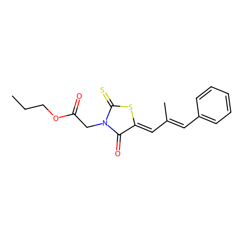 3-Thiazolidineacetic acid, 5-[(2E)-2-methyl-3-phenyl-2-propen-1-ylidene]-4-oxo-2-thioxo-, propyl ester, (5Z)- structure
