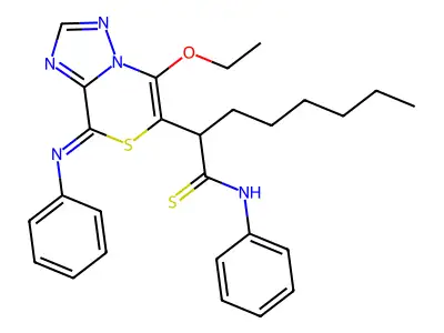 2-[(8Z)-5-Ethoxy-8-(phenylimino)-8H-[1,2,4]triazolo[3,2-c][1,4]thiazin-6-yl]-N-phenyloctanethioamide structure