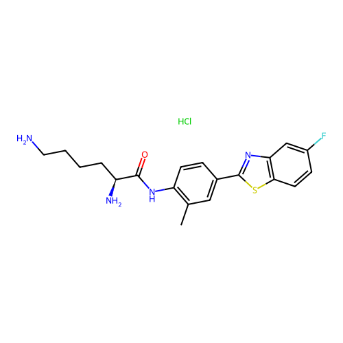 (2S)-2,6-diamino-N-[4-(5-fluoro-1,3-benzothiazol-2-yl)-2-methylphenyl]hexanamide hydrochloride structure