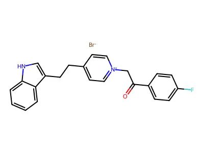 1-(4-fluorophenyl)-2-{4-[2-(1H-indol-3-yl)ethyl]pyridinium-1-yl}ethan-1-one bromide structure