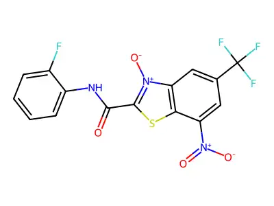 2-[(2-fluoroanilino)carbonyl]-7-nitro-5-(trifluoromethyl)-1,3-benzothiazol-3-ium-3-olate structure