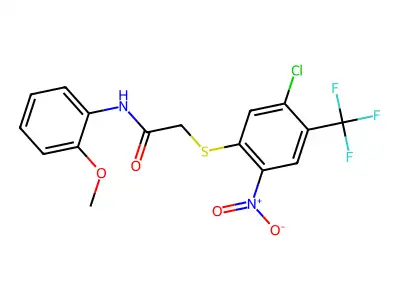 N1-(2-methoxyphenyl)-2-{[5-chloro-2-nitro-4-(trifluoromethyl)phenyl]thio}acetamide structure