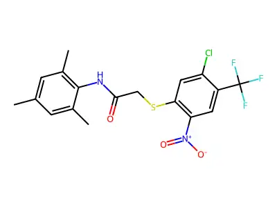 N1-MESITYL-2-([5-CHLORO-2-NITRO-4-(TRIFLUOROMETHYL)PHENYL]THIO)ACETAMIDE structure