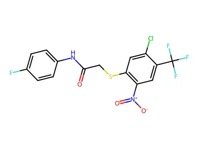 N1-(4-fluorophenyl)-2-{[5-chloro-2-nitro-4-(trifluoromethyl)phenyl]thio}acetamide structure