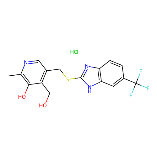 4-(hydroxymethyl)-2-methyl-5-[[6-(trifluoromethyl)-1H-benzimidazol-2-yl]sulfanylmethyl]pyridin-3-ol hydrochloride structure