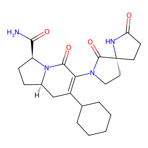 7-cyclohexyl-6-(2,6-dioxo-1,7-diazaspiro[4.4]non-7-yl)-5-oxo-(8aS)-1,2,3,5,8,8a-hexahydro-3-indolizinecarboxamide structure