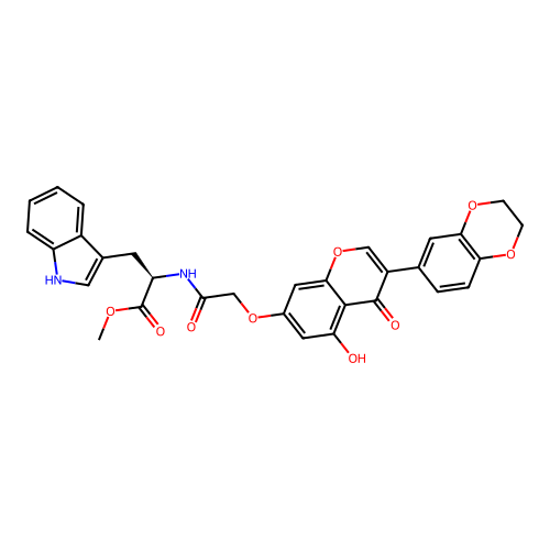 (R)-methyl 2-(2-((3-(2,3-dihydrobenzo[b][1,4]dioxin-6-yl)-5-hydroxy-4-oxo-4H-chromen-7-yl)oxy)acetamido)-3-(1H-indol-3-yl)propanoate structure