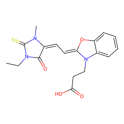 1-methyl-3-ethyl-5-[2-(3-ethylidene]-2-thioxo-imidazolidin-4-one structure