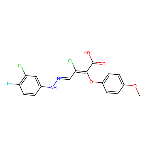 3-chloro-4-[2-(3-chloro-4-fluorophenyl)hydrazono]-2-(4-methoxyphenoxy)but-2-enoic acid structure