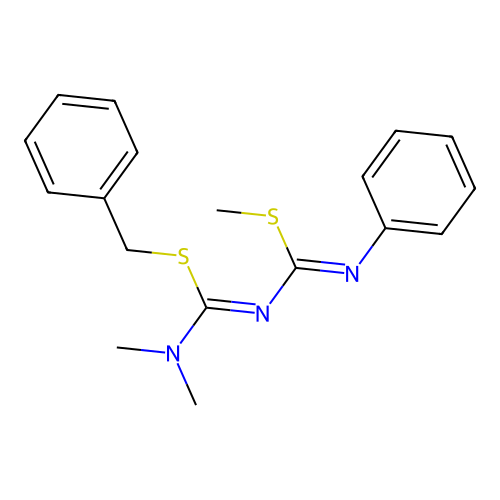 Benzyl N,N-dimethyl-N'-((methylthio)(phenylimino)methyl)carbamimidothioate structure