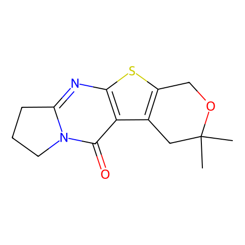 3,3-dimethyl-1,3,4,7,8,9-hexahydro-5H-pyrano[4',3':4,5]thieno[2,3-d]pyrrolo[1,2-a]pyrimidin-5-one structure