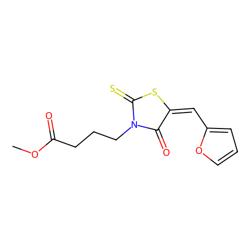 (E)-methyl 4-(5-(furan-2-ylmethylene)-4-oxo-2-thioxothiazolidin-3-yl)butanoate structure