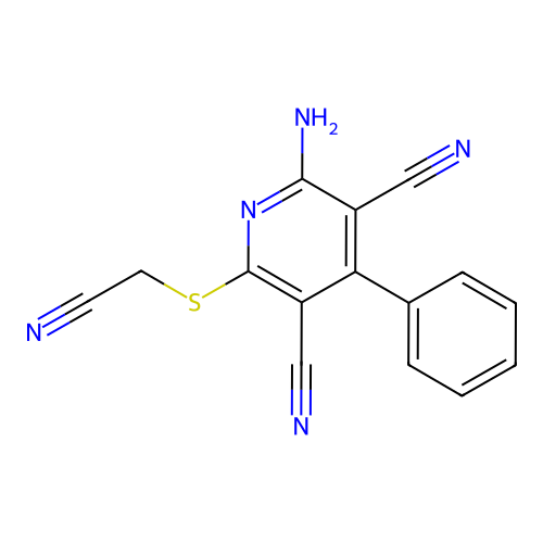 2-Amino-6-[(cyanomethyl)sulfanyl]-4-phenylpyridine-3,5-dicarbonitrile structure