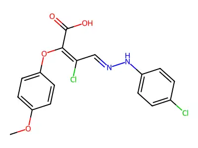 3-Chloro-4-[2-(4-chlorophenyl)hydrazono]-2-(4-methoxyphenoxy)but-2-enoic acid structure