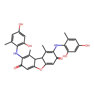 2,8-bis(2,4-dihydroxy-6-methylanilino)-1,9-dimethyl-9a,9b-dihydrodibenzofuran-3,7-dione structure