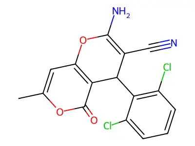 2-amino-4-(2,6-dichlorophenyl)-7-methyl-5-oxo-4H,5H-pyrano[3,2-c]pyran-3-carbonitrile structure