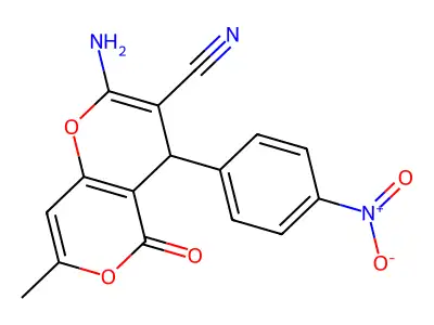 2-amino-7-methyl-4-(4-nitrophenyl)-5-oxo-4H,5H-pyrano[4,3-b]pyran-3-carbonitrile structure