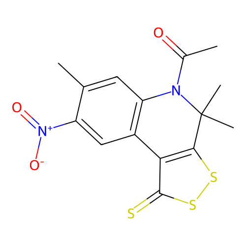 1-(4,4,7-trimethyl-8-nitro-1-sulfanylidenedithiolo[3,4-c]quinolin-5-yl)ethanone structure