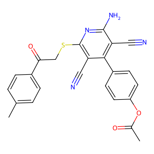 4-(2-amino-3,5-dicyano-6-((2-oxo-2-(p-tolyl)ethyl)thio)pyridin-4-yl)phenyl acetate structure