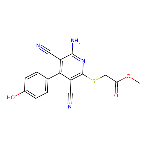 [6-Amino-3,5-dicyano-4-(4-hydroxy-phenyl)-pyridin-2-ylsulfanyl]-acetic acid methyl ester structure