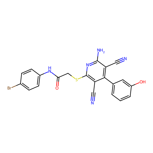 2-[6-amino-3,5-dicyano-4-(3-hydroxyphenyl)pyridin-2-yl]sulfanyl-N-(4-bromophenyl)acetamide structure