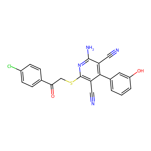 2-amino-6-((2-(4-chlorophenyl)-2-oxoethyl)thio)-4-(3-hydroxyphenyl)pyridine-3,5-dicarbonitrile structure