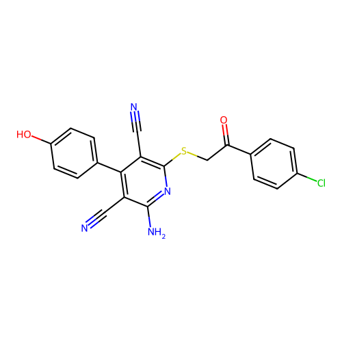 2-amino-6-((2-(4-chlorophenyl)-2-oxoethyl)thio)-4-(4-hydroxyphenyl)pyridine-3,5-dicarbonitrile structure