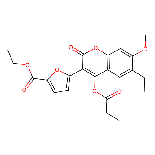 ethyl 5-(6-ethyl-7-methoxy-2-oxo-4-(propionyloxy)-2H-chromen-3-yl)furan-2-carboxylate structure