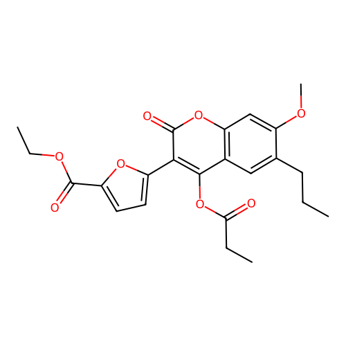Ethyl 5-(7-methoxy-2-oxo-4-propanoyloxy-6-propylchromen-3-yl)furan-2-carboxylate structure