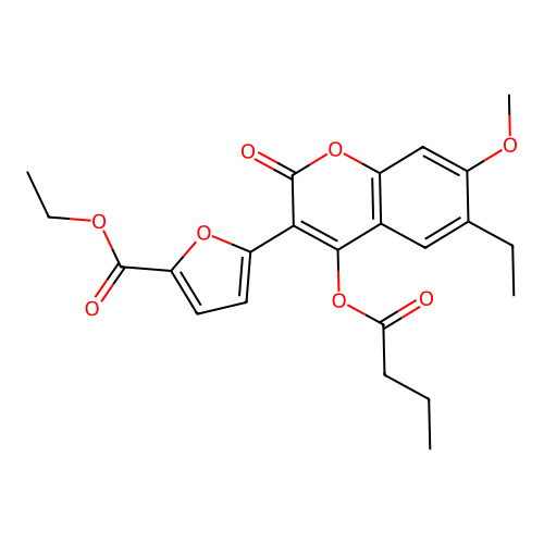 ethyl 5-(4-(butyryloxy)-6-ethyl-7-methoxy-2-oxo-2H-chromen-3-yl)furan-2-carboxylate structure