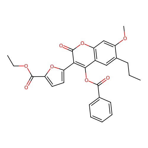 ethyl 5-(4-(benzoyloxy)-7-methoxy-2-oxo-6-propyl-2H-chromen-3-yl)furan-2-carboxylate structure