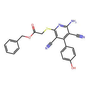 Benzyl {[6-amino-3,5-dicyano-4-(4-hydroxyphenyl)pyridin-2-yl]sulfanyl}acetate structure