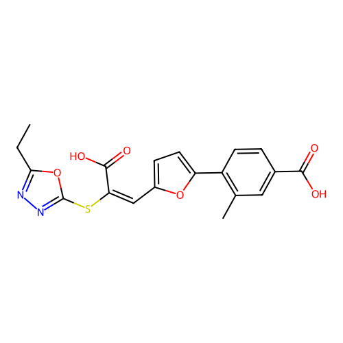 4-(5-(2-Carboxy-2-((5-ethyl-1,3,4-oxadiazol-2-yl)thio)vinyl)furan-2-yl)-3-methylbenzoic acid structure