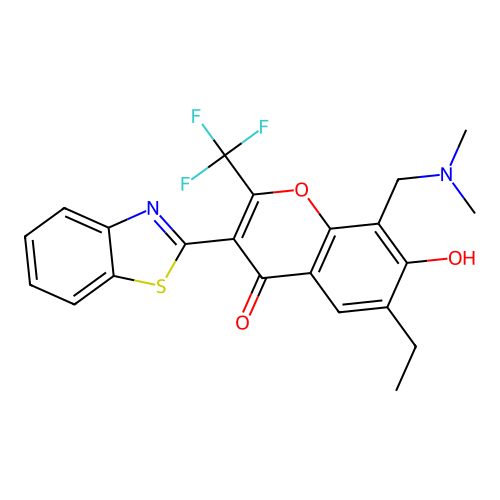 3-(1,3-benzothiazol-2-yl)-8-(dimethylaminomethyl)-6-ethyl-7-hydroxy-2-(trifluoromethyl)chromen-4-one structure