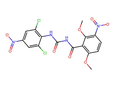 N-[(2,6-dichloro-4-nitrophenyl)carbamoyl]-2,6-dimethoxy-3-nitrobenzamide structure