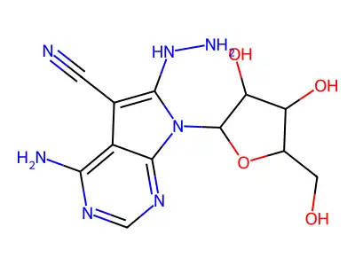 4-amino-6-hydrazinyl-7-pentofuranosyl-7H-pyrrolo[2,3-d]pyrimidine-5-carbonitrile structure
