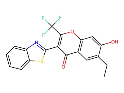3-(1,3-benzothiazol-2-yl)-6-ethyl-7-hydroxy-2-(trifluoromethyl)-4H-chromen-4-one structure