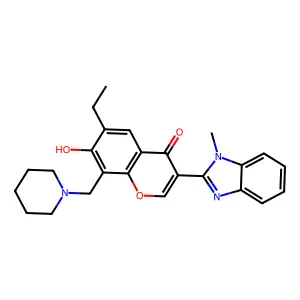 6-ethyl-7-hydroxy-3-(1-methyl-1H-benzimidazol-2-yl)-8-(piperidin-1-ylmethyl)-4H-chromen-4-one structure