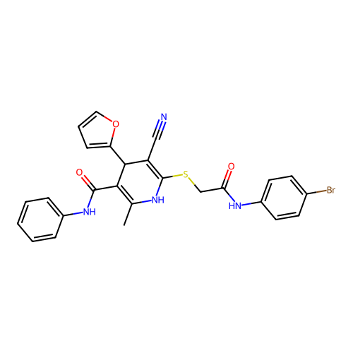 6-((2-((4-bromophenyl)amino)-2-oxoethyl)thio)-5-cyano-4-(furan-2-yl)-2-methyl-N-phenyl-1,4-dihydropyridine-3-carboxamide structure