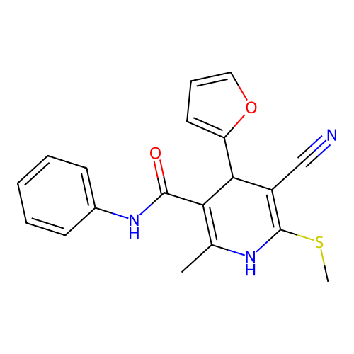 5-cyano-4-(2-furyl)-2-methyl-6-methylsulfanyl-N-phenyl-1,4-dihydropyridine-3-carboxamide structure
